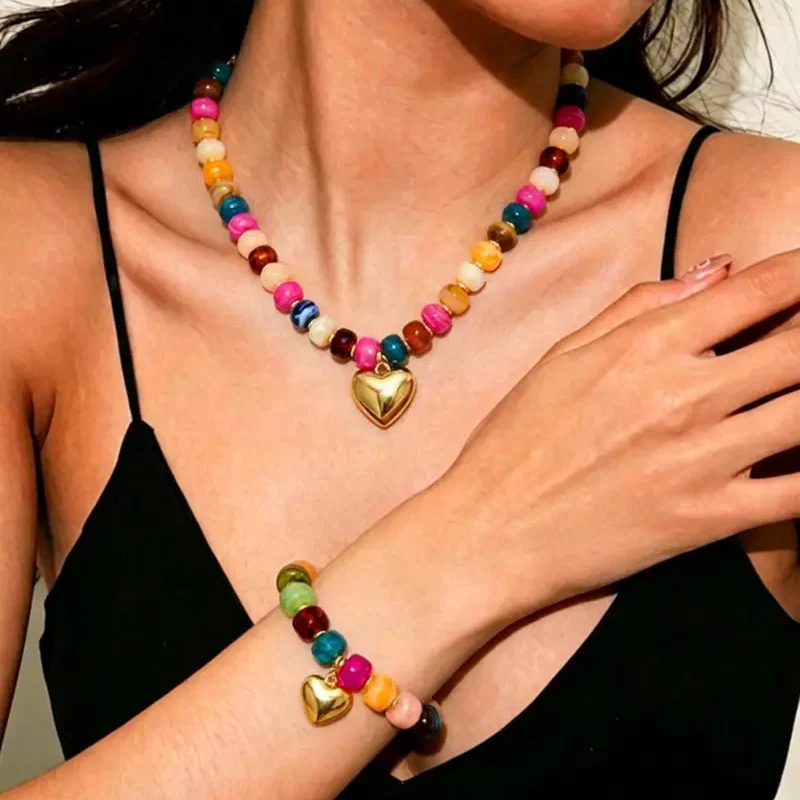2pc Colorful Beaded Heart Necklace & Bracelet Set - Image 2