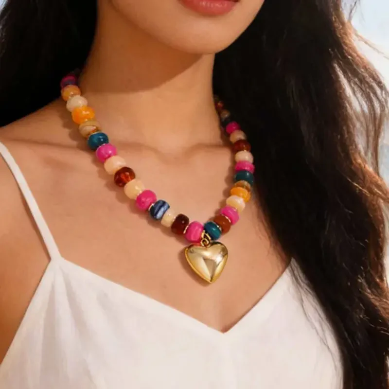 2pc Colorful Beaded Heart Necklace & Bracelet Set - Image 5