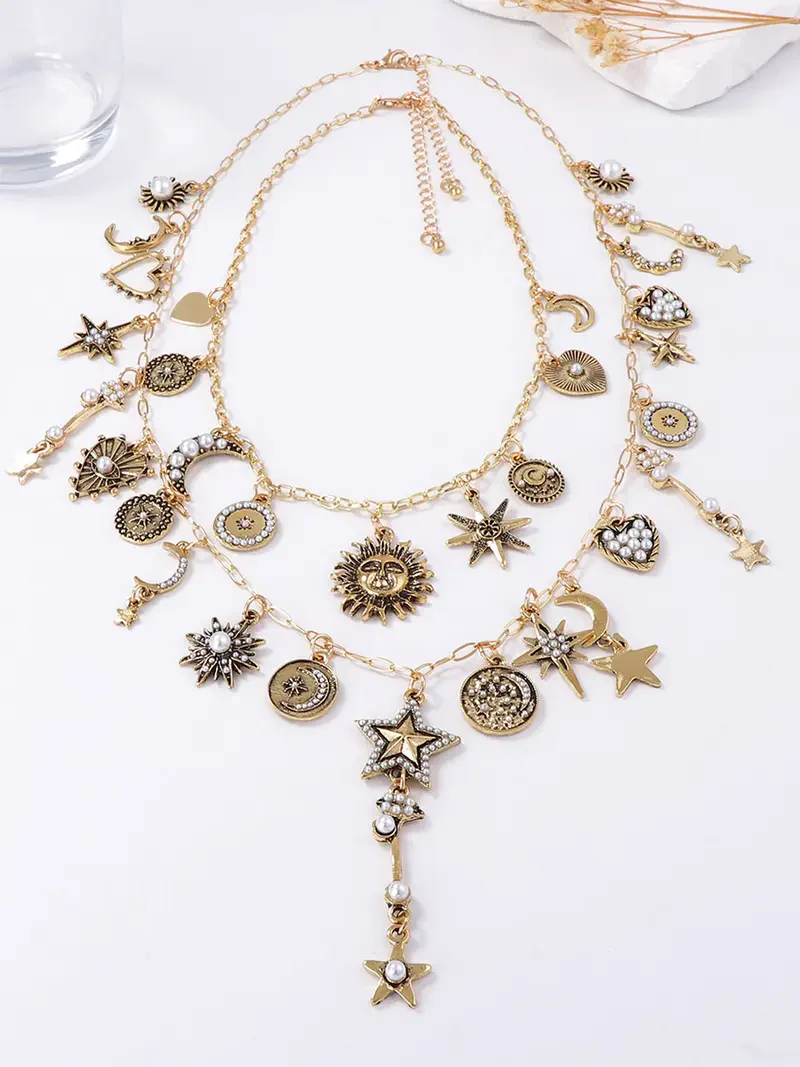 2pc Vintage Sun Moon Necklace Set - Image 2