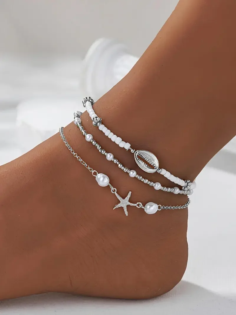 3pc Boho Starfish & Shell Anklet Set - Image 2