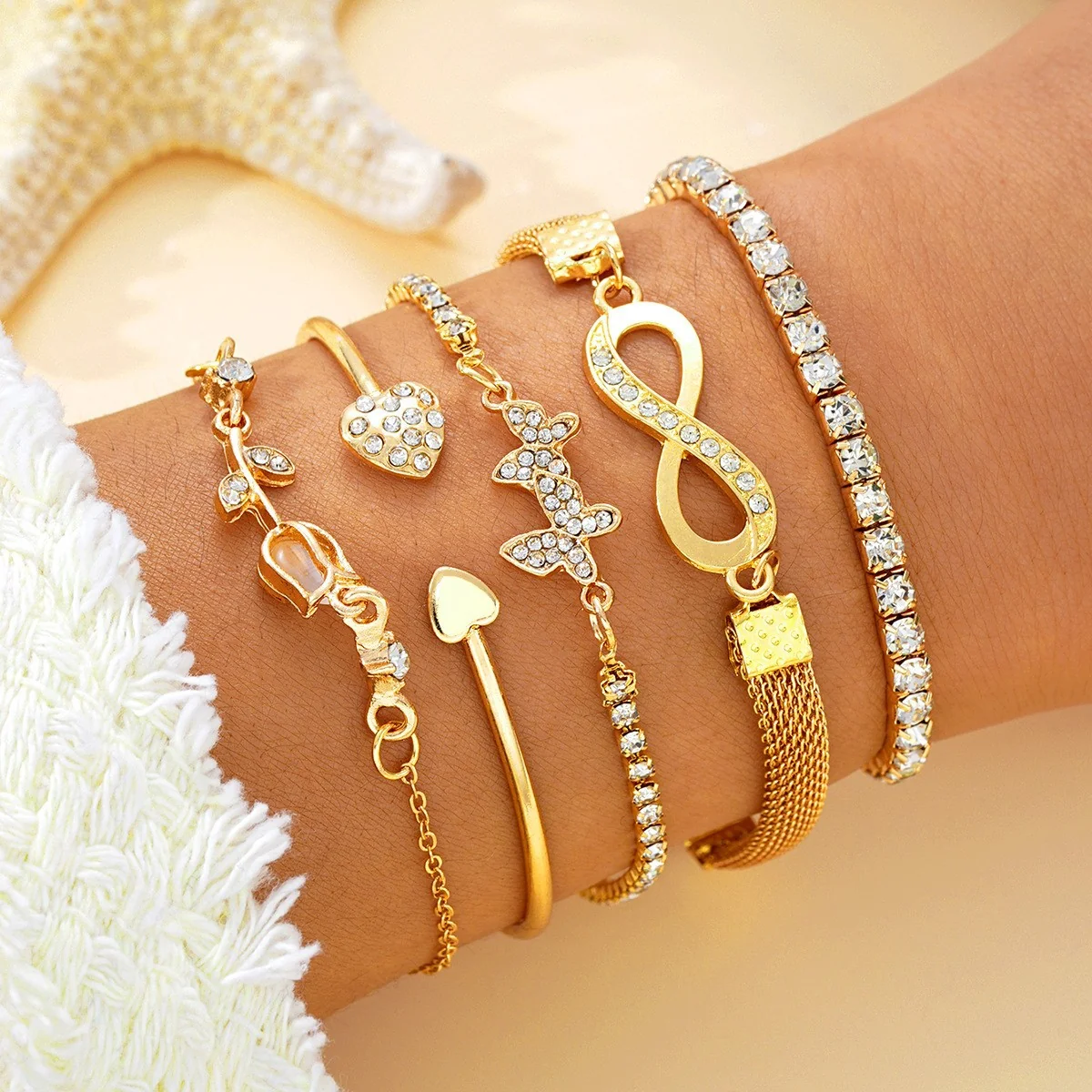 3pc Rhinestone Butterfly & Heart Bracelet Set
