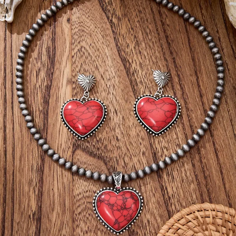 3pc Vintage Boho Heart Necklace Earrings Set - Image 2