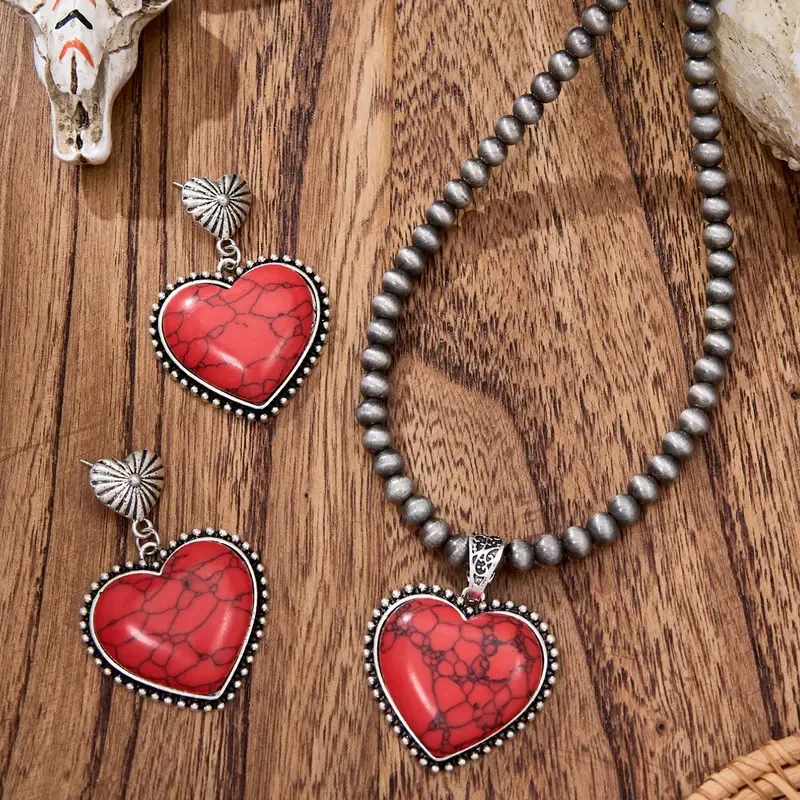 3pc Vintage Boho Heart Necklace Earrings Set - Image 3