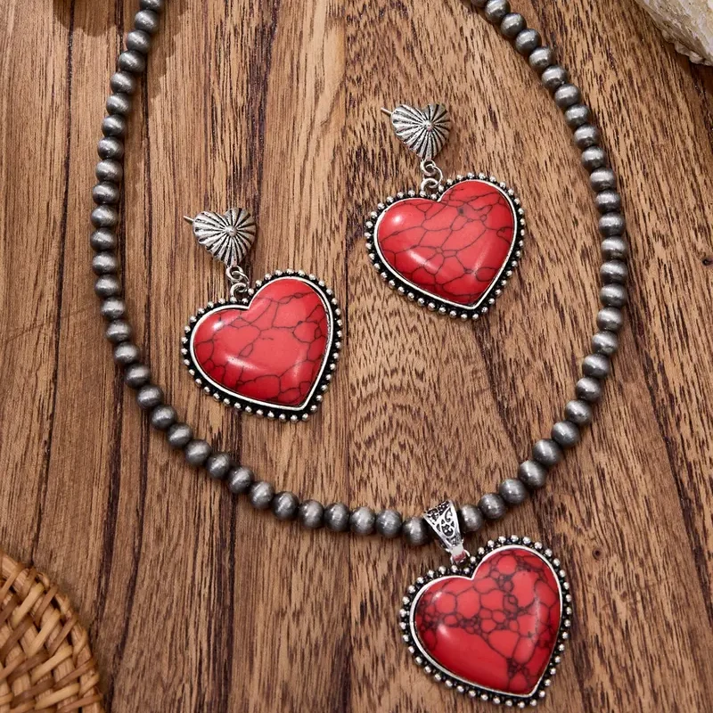 3pc Vintage Boho Heart Necklace Earrings Set - Image 4