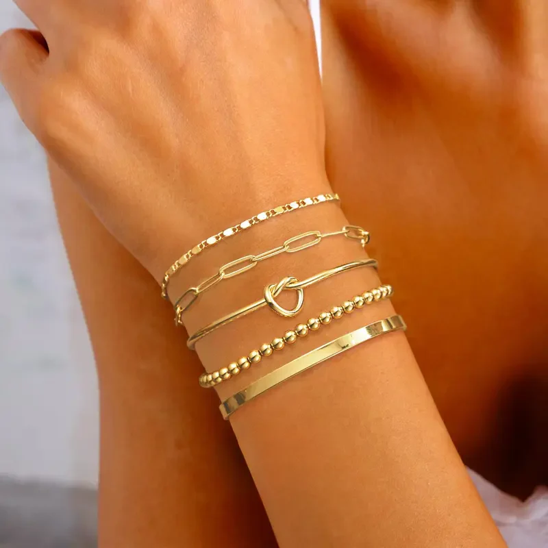 14k 5pc Beaded Knot Bracelet Stack - Image 3
