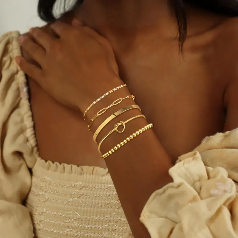 14k 5pc Beaded Knot Bracelet Stack - Image 5