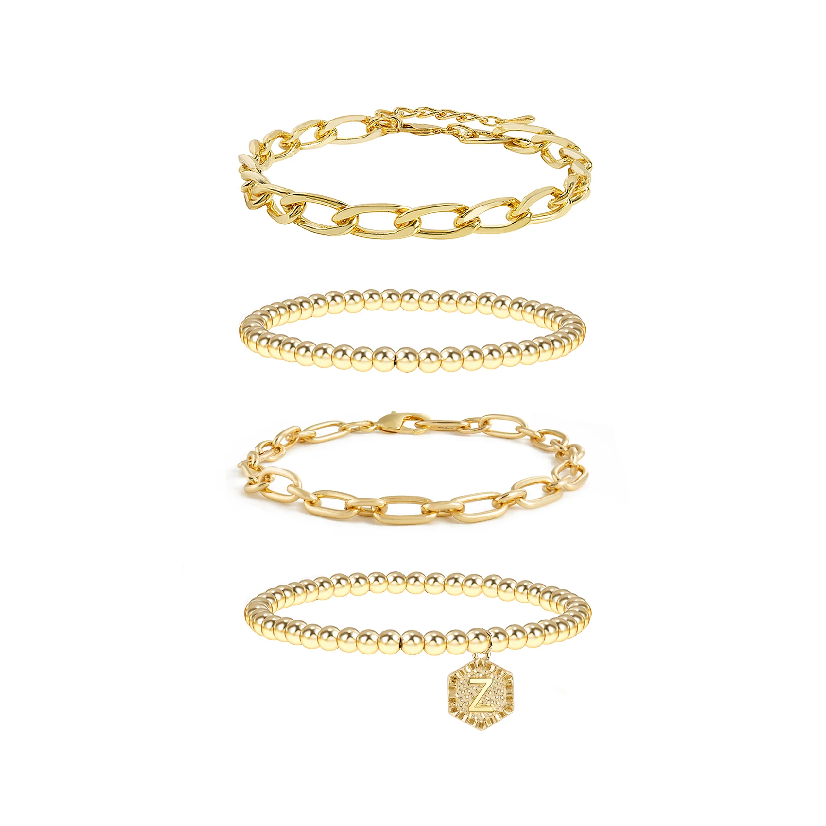 5pc Gold Beaded Chain Bracelet Set with Initial Charm - Image 28