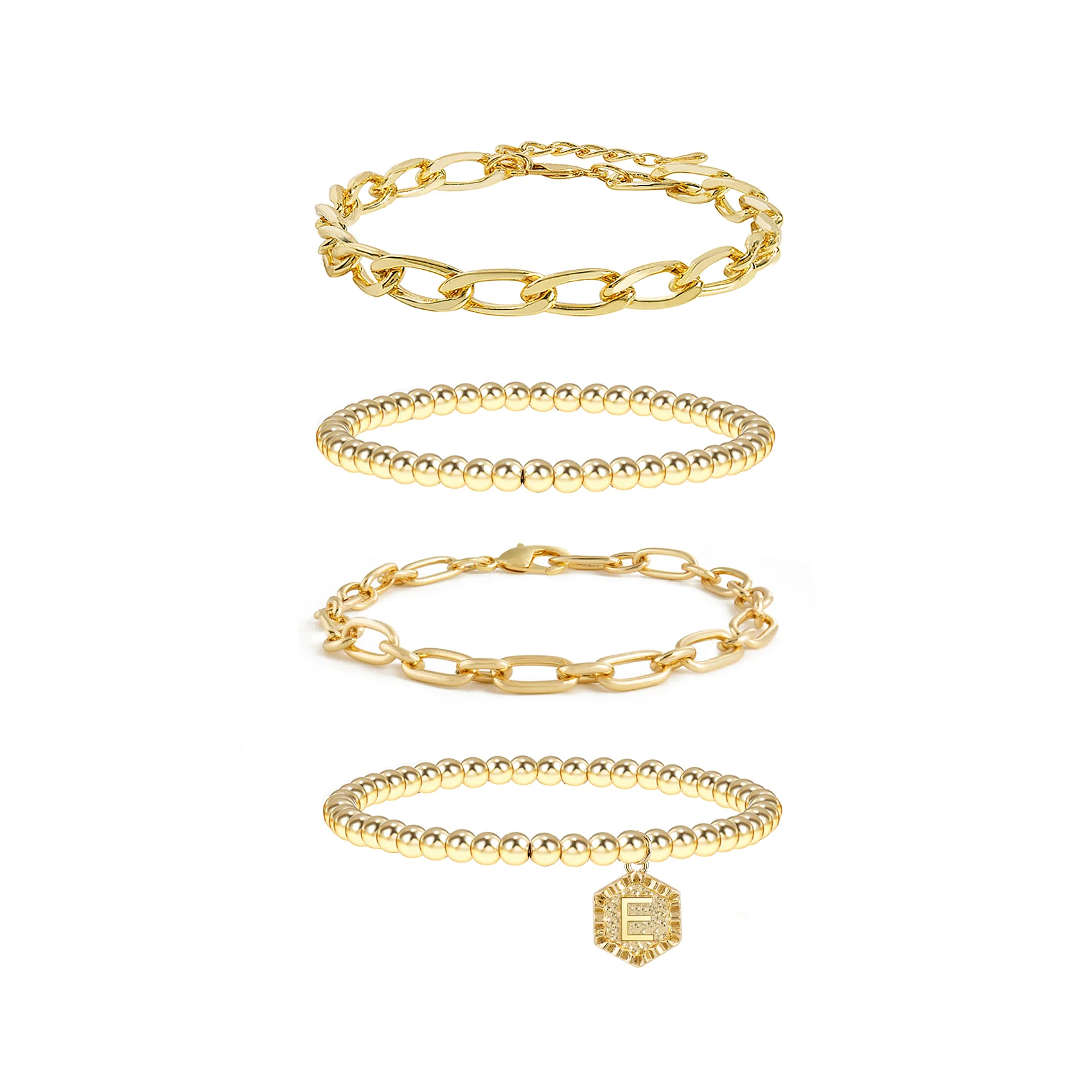 5pc Gold Beaded Chain Bracelet Set with Initial Charm - Image 7
