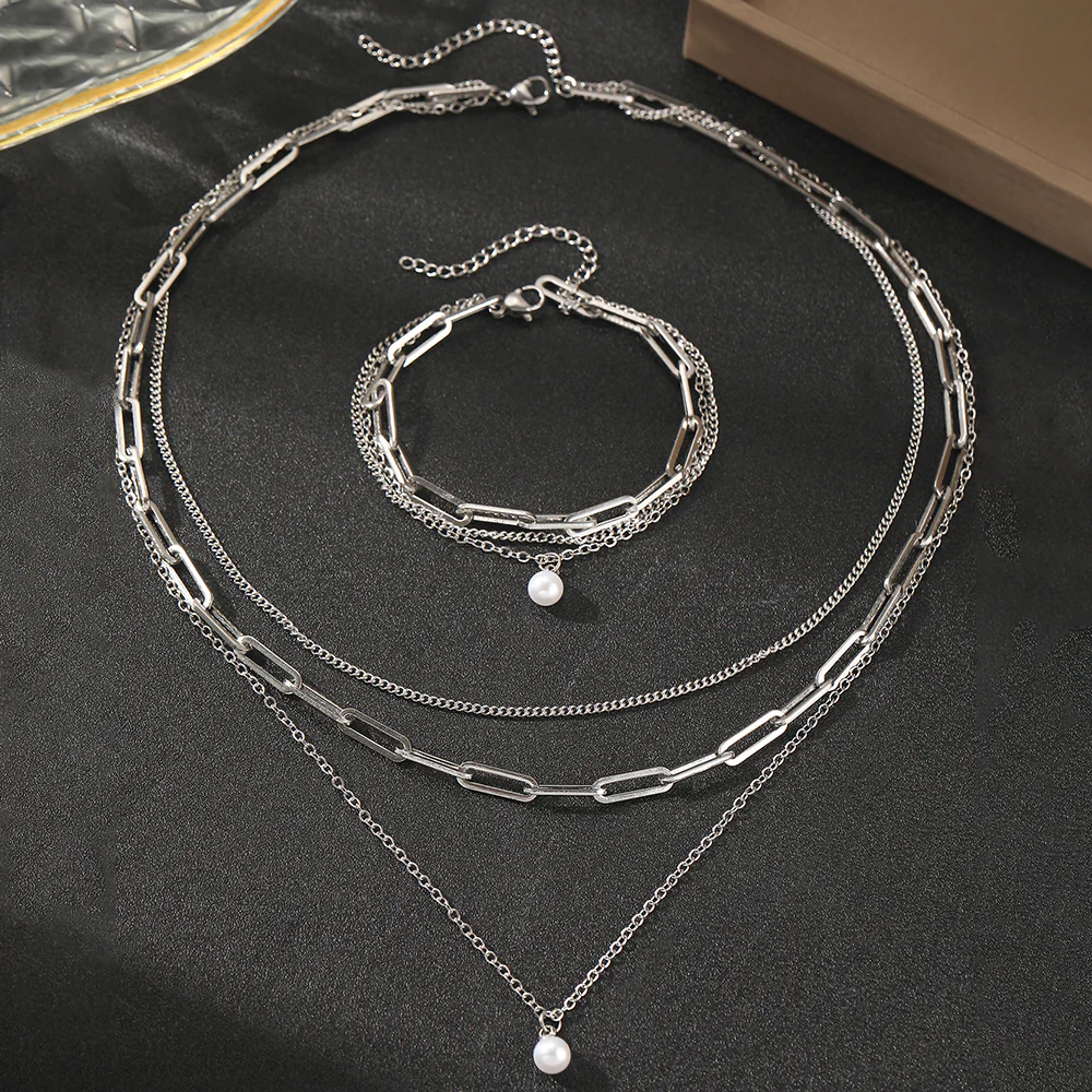 Chunky Link & Pearl Pendant Jewelry Set - Image 3