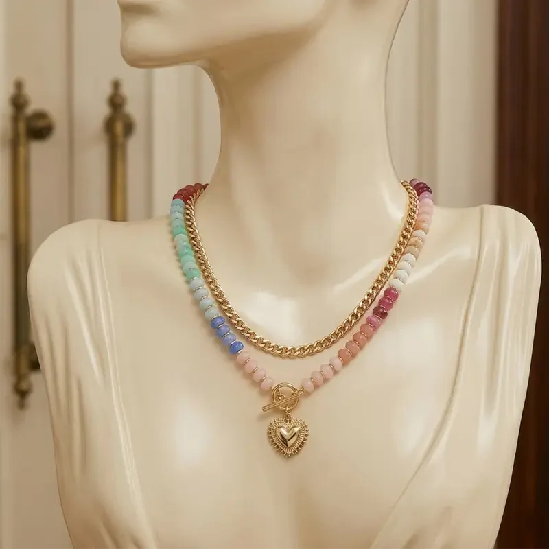 Double Layer Initial Heart Beaded Necklace - Image 3