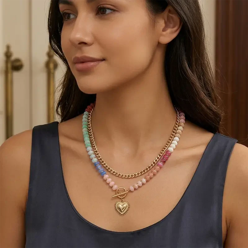 Double Layer Initial Heart Beaded Necklace - Image 4