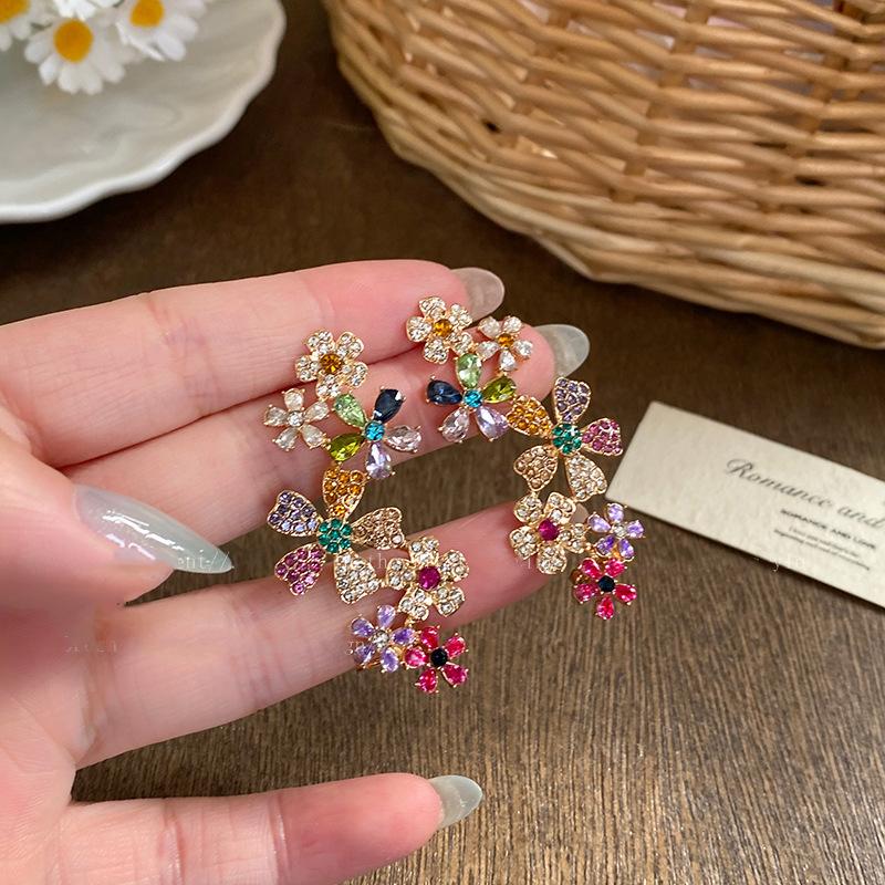 Colorful Crystal Flower Ear Climber Earrings - Image 3