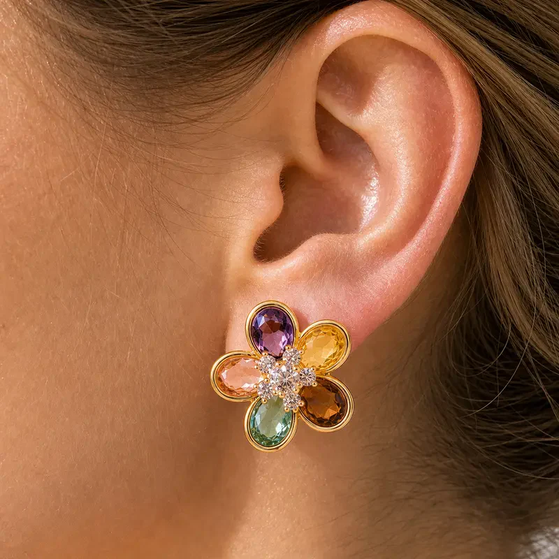 Colorful Floral Crystal Stud Earrings - Image 2