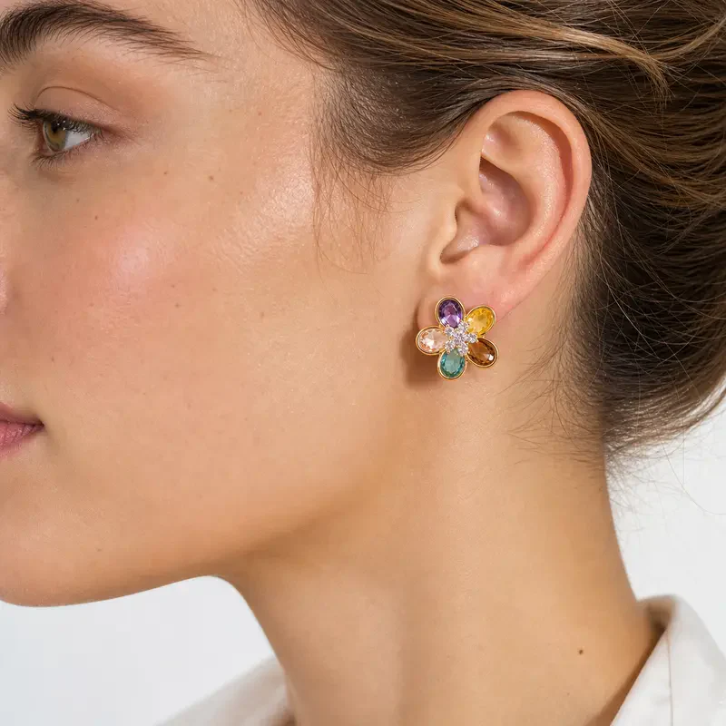 Colorful Floral Crystal Stud Earrings - Image 4
