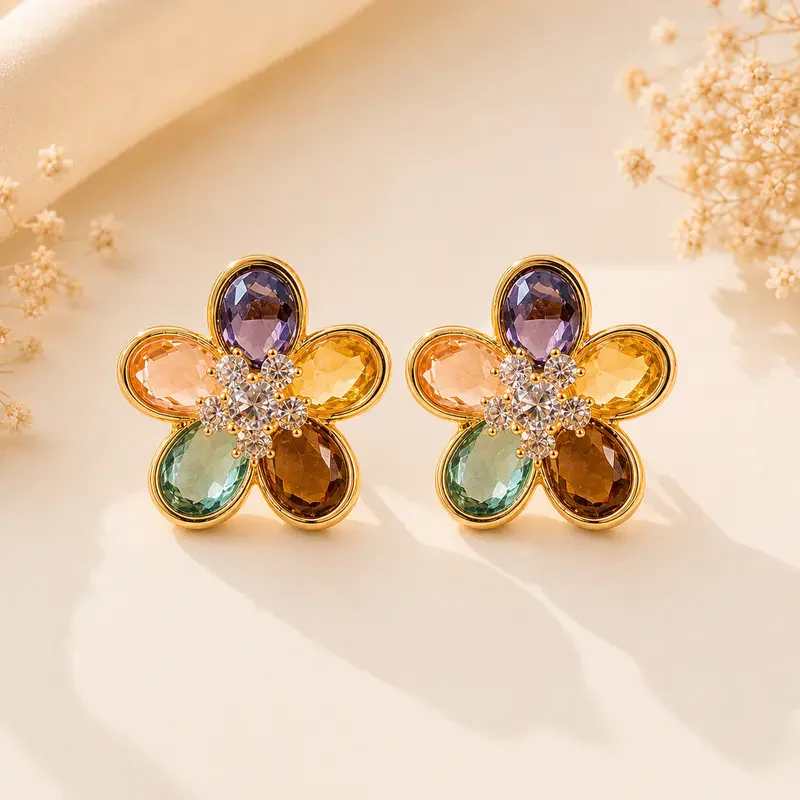 Colorful Floral Crystal Stud Earrings - Image 9