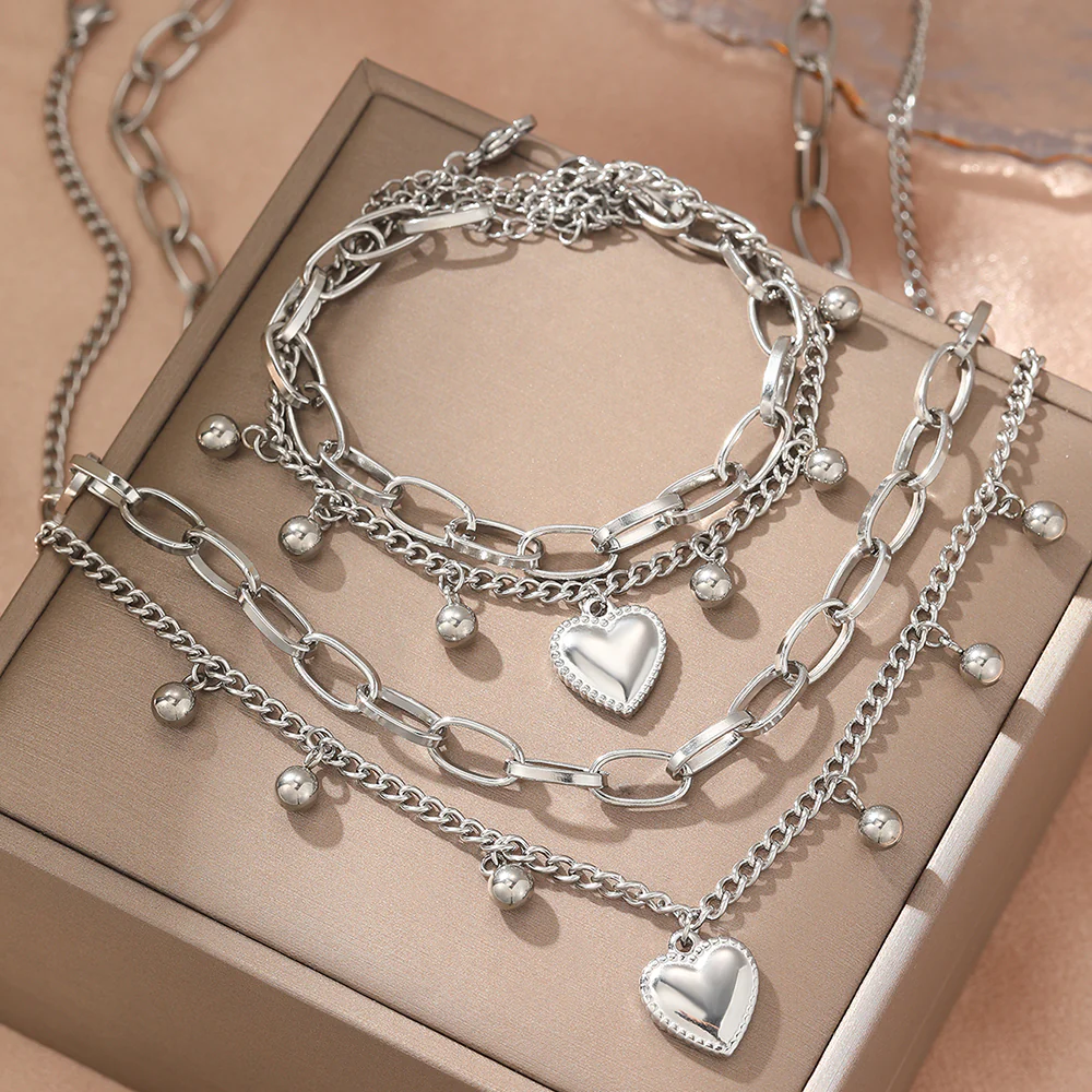 Stainless Steel Heart Bead Necklace & Bracelet Set - Image 2