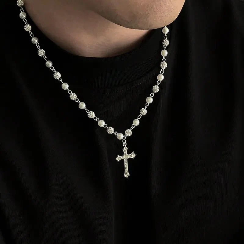 Vintage Pearl Cross Necklace - Image 2